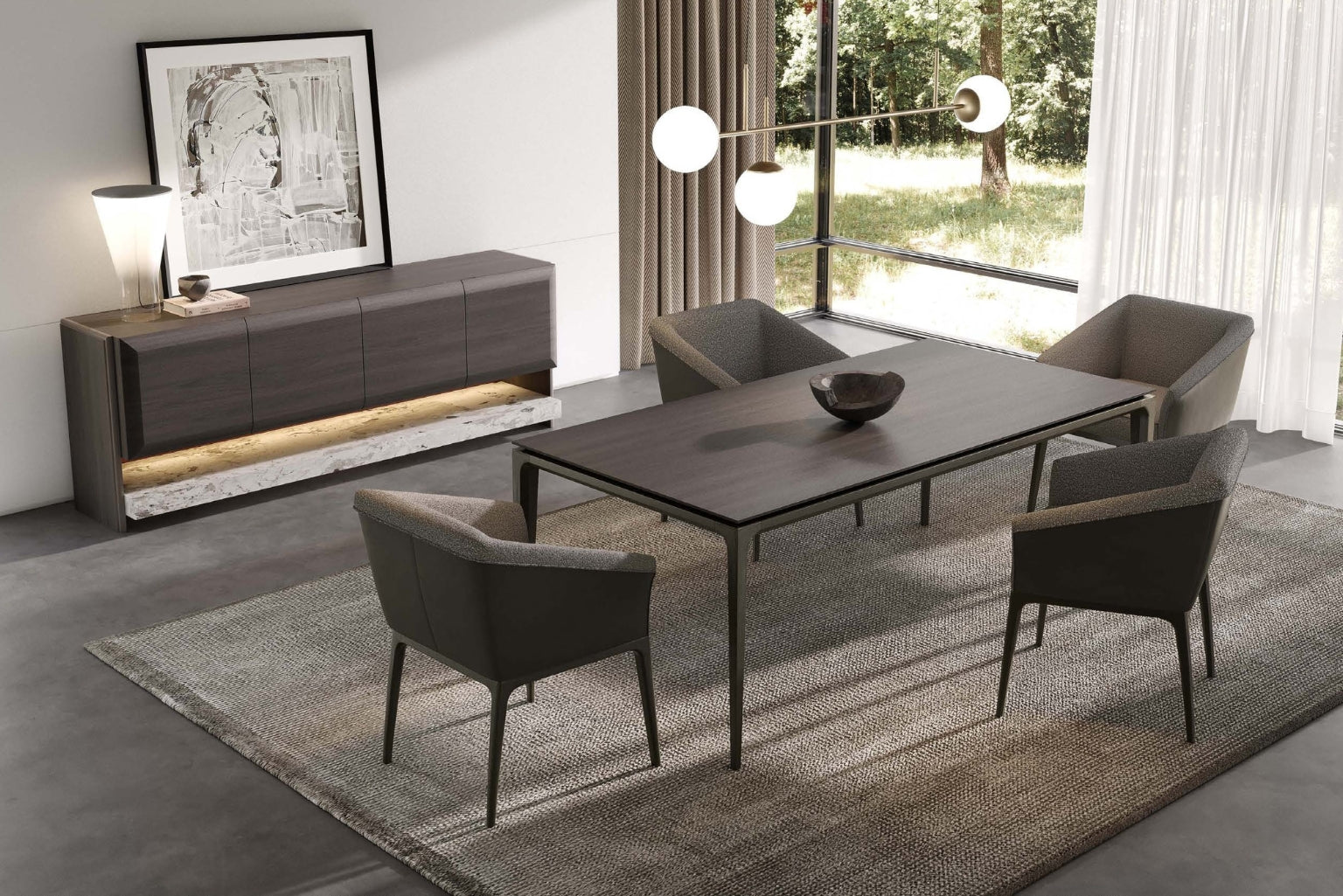 Front view of the Aurora Dining Table showcasing its sleek, modern design and elegant finish.