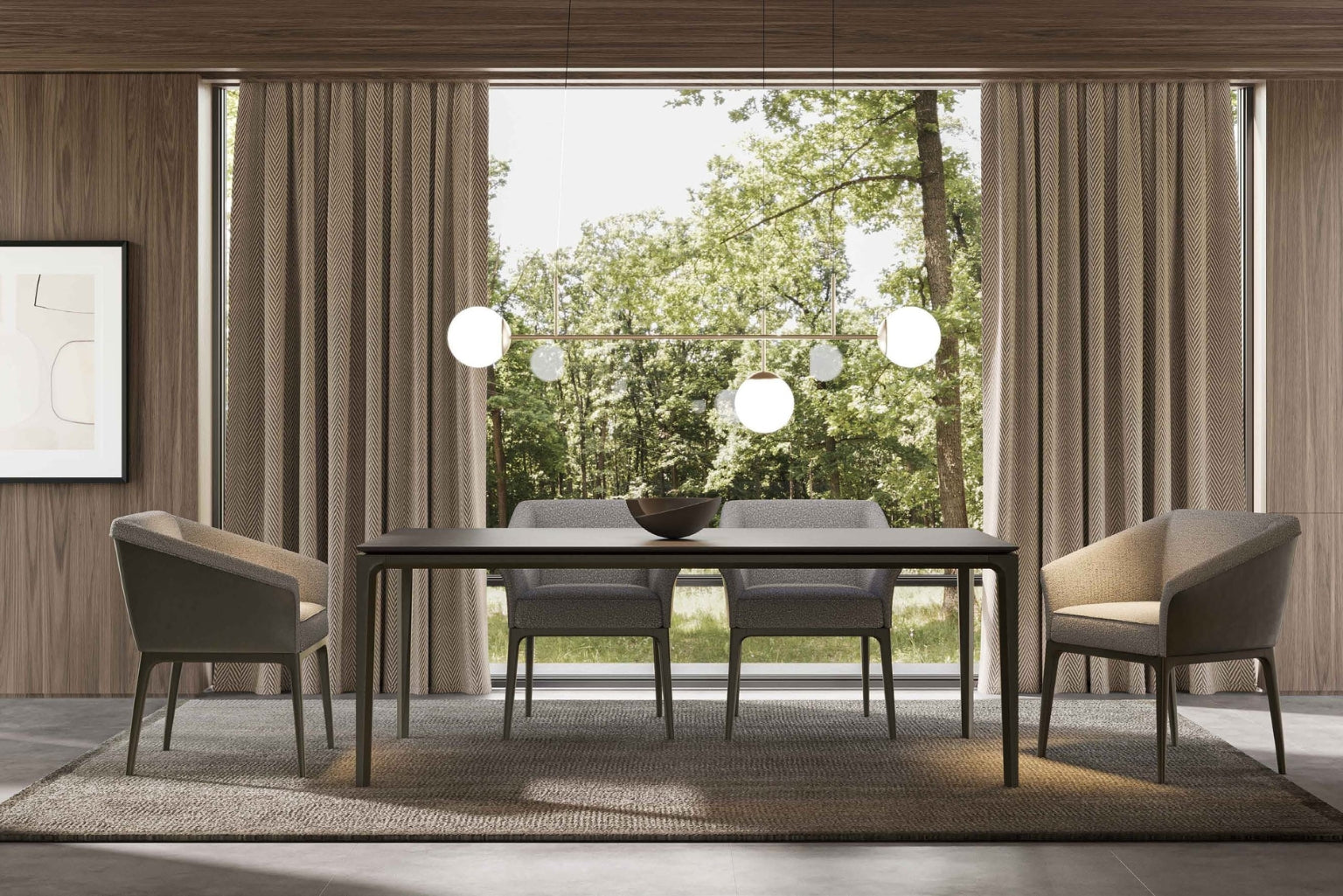 Aurora Dining Table styled in a contemporary dining room with minimalist decor and neutral tones.