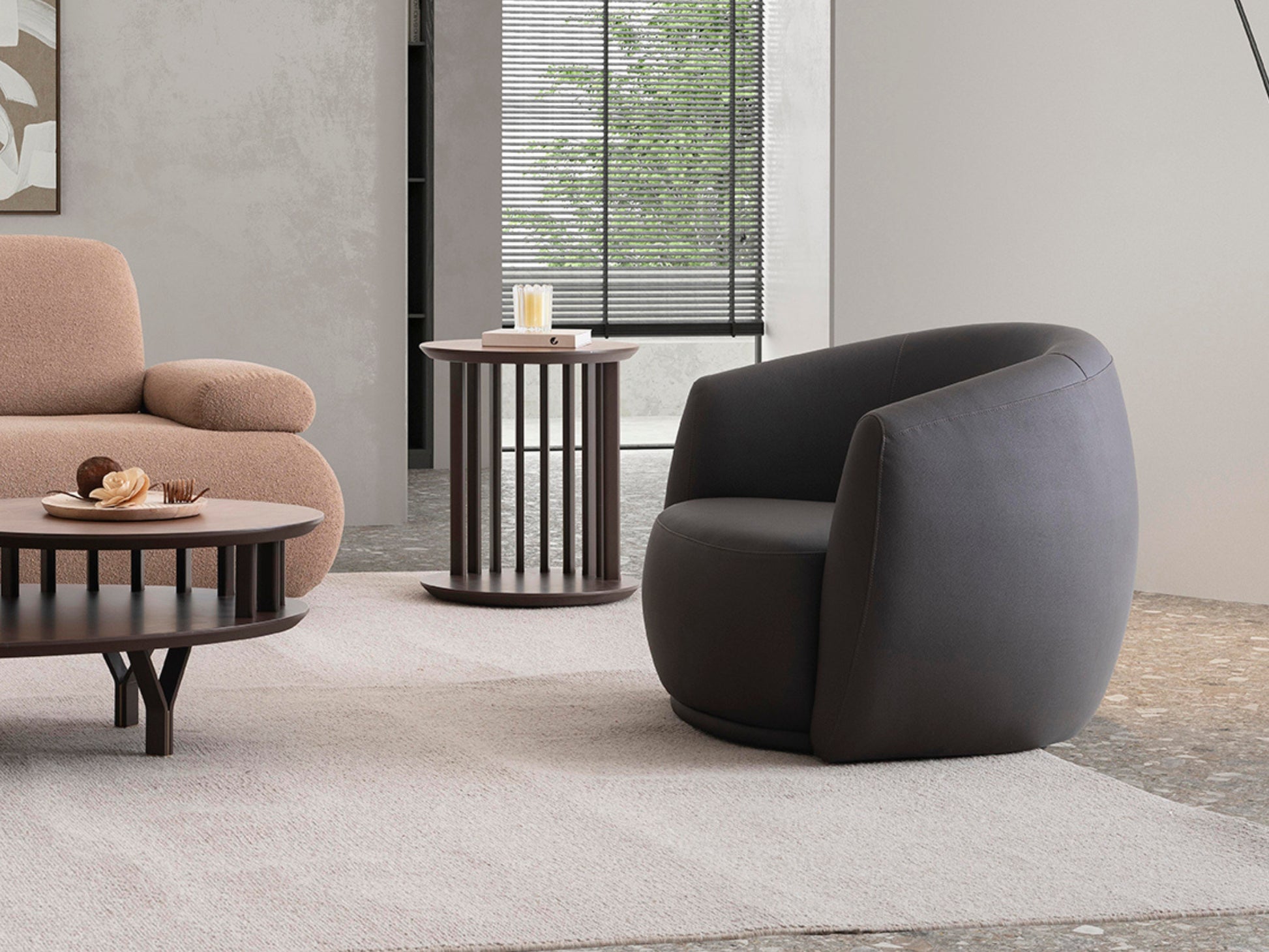 Classico Leatherette Armchair styled in a modern living room with minimalist decor and a floor lamp.