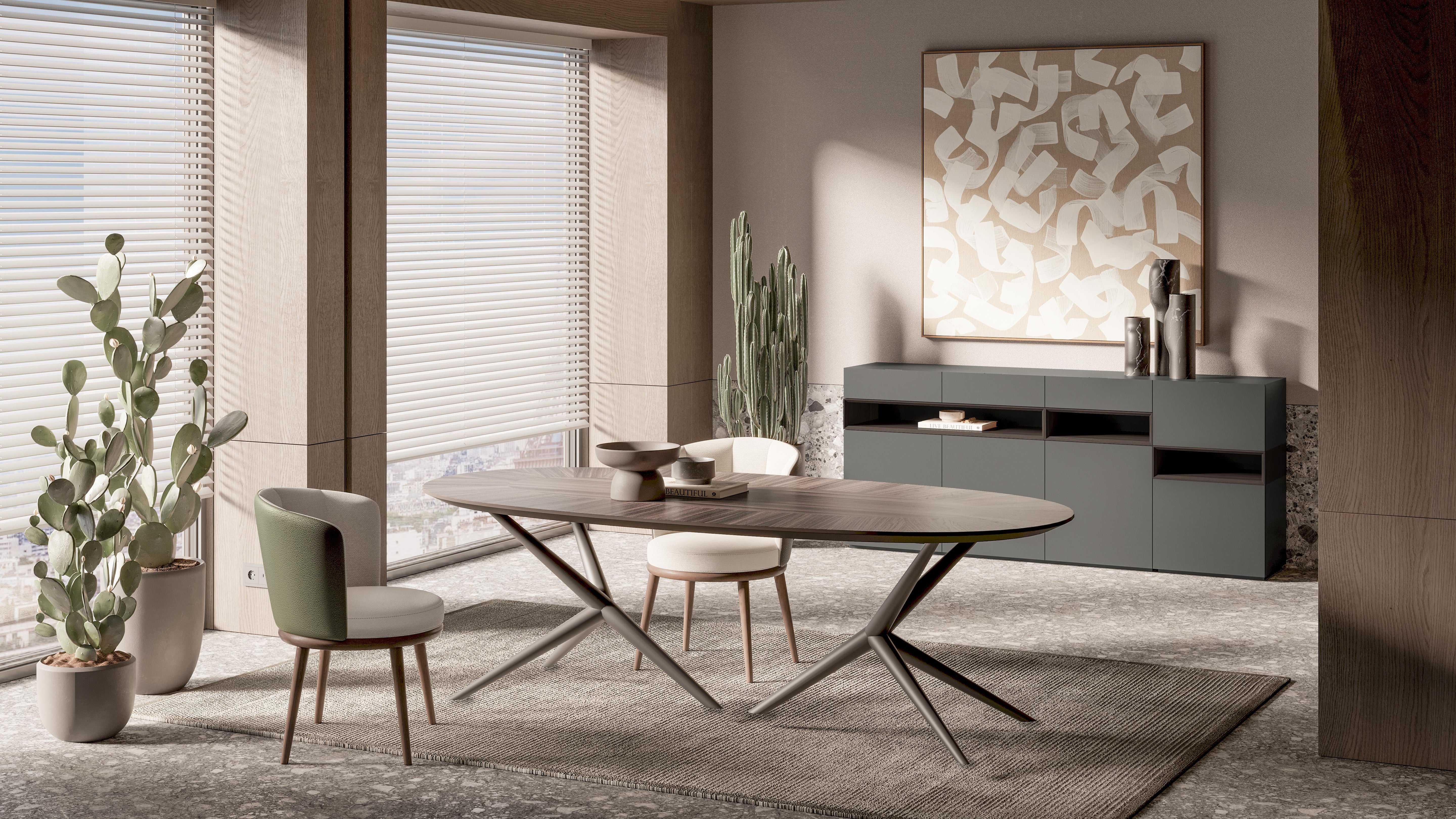 Side angle of the Lupa Table highlighting its minimalist structure and elegant craftsmanship.