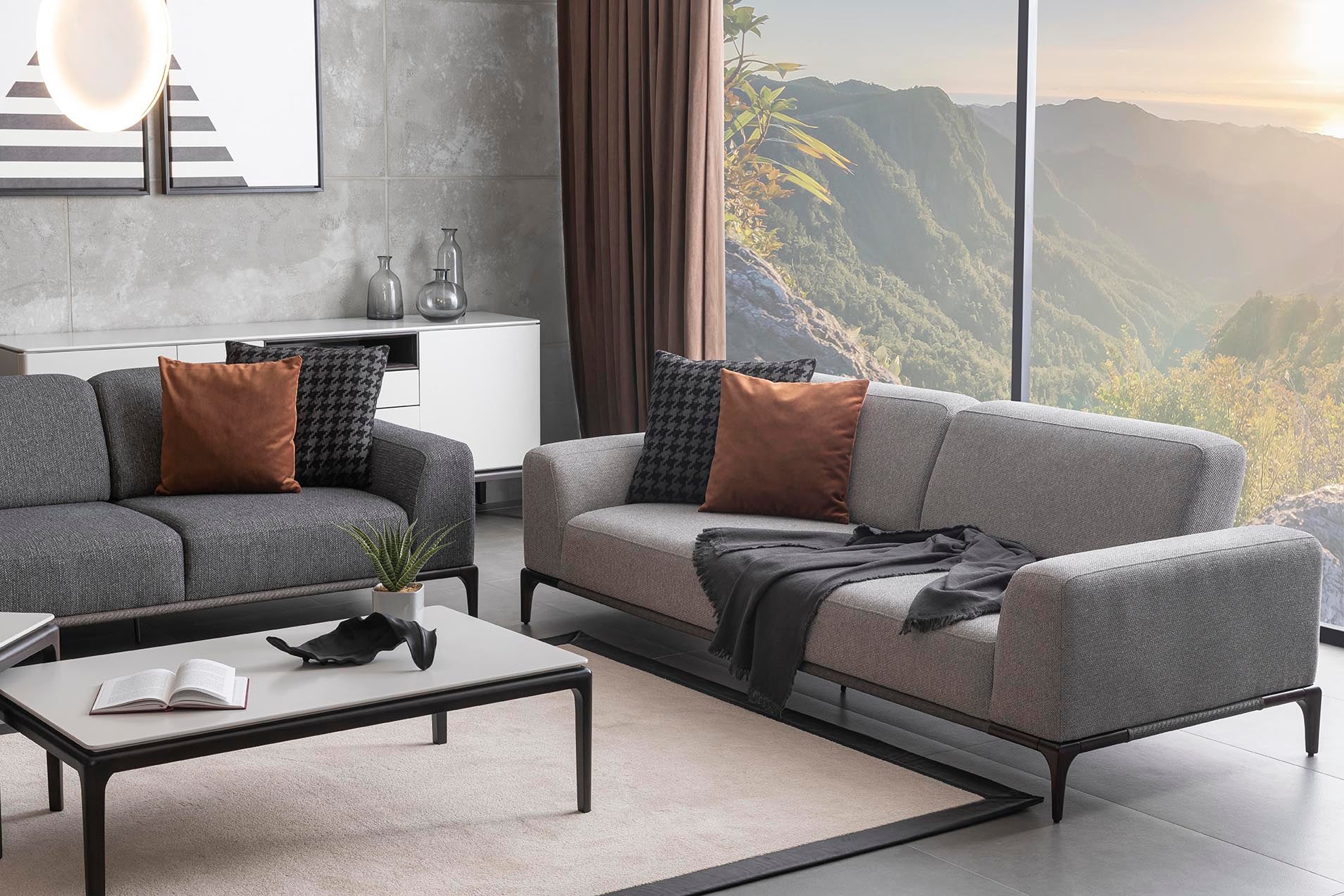 Nympha Sofa placed in natural light, showcasing its modern and elegant appeal.